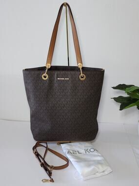 Michael Kors Jet Set Large Shoulder Tote Handbag Brown Luggage Coated Canvas